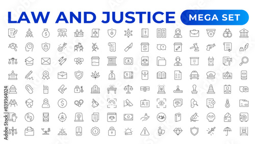 Law and Judgement line icons Illustration. Justice, Court of law and Government outline icon set.