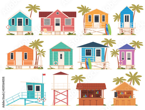 Set Beach house lifeguard tower Beach bar. Bungalow on a tropical island. Rest by the sea. Vacation on a sunny beach. Vector illustration
