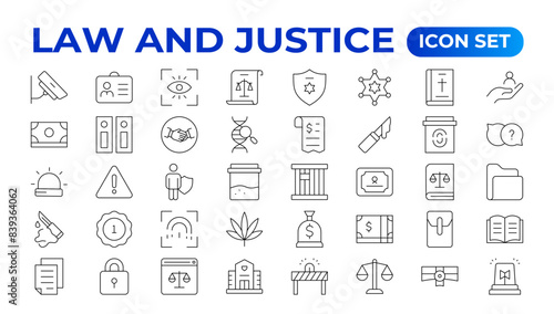 Law and Judgement line icons Illustration. Justice, Court of law and Government outline icon set.
