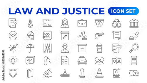 Law and Judgement line icons Illustration. Justice, Court of law and Government outline icon set.