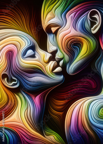 An abstract illustration of two faces kissing, in a loving embrace, depicted with vibrant, swirling colors symbolizing unity, pride, and diversity.  