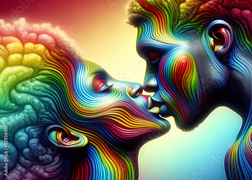 An abstract illustration of two faces kissing, in a loving embrace, depicted with vibrant, swirling colors symbolizing unity, pride, and diversity.  