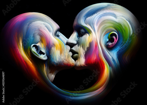 An abstract illustration of two faces kissing, in a loving embrace, depicted with vibrant, swirling colors symbolizing unity, pride, and diversity.  