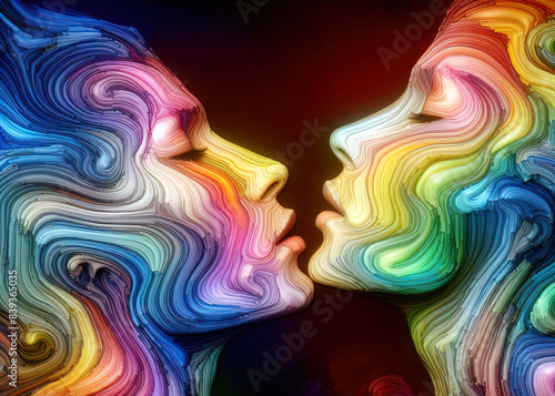 An abstract illustration of two faces kissing, in a loving embrace, depicted with vibrant, swirling colors symbolizing unity, pride, and diversity.  
