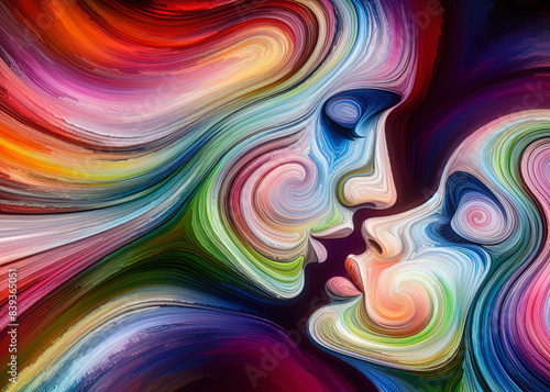 An abstract illustration of two faces kissing, in a loving embrace, depicted with vibrant, swirling colors symbolizing unity, pride, and diversity.  