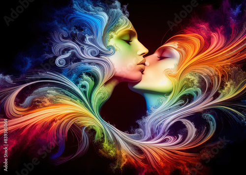 An abstract illustration of two faces kissing, in a loving embrace, depicted with vibrant, swirling colors symbolizing unity, pride, and diversity.  