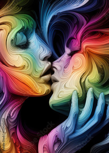 An abstract illustration of two faces kissing, in a loving embrace, depicted with vibrant, swirling colors symbolizing unity, pride, and diversity.  