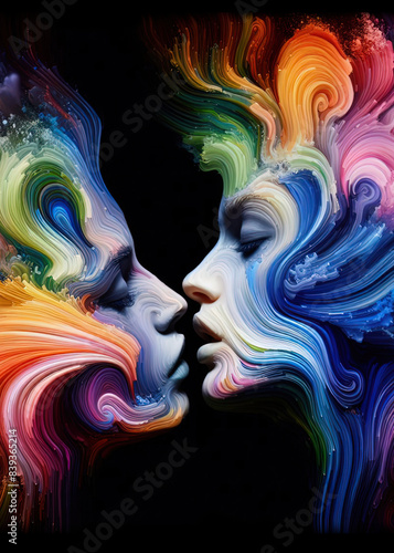 An abstract illustration of two faces kissing, in a loving embrace, depicted with vibrant, swirling colors symbolizing unity, pride, and diversity.  