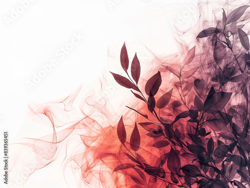 Abstract white, orange and purple background with flowers and leaves.