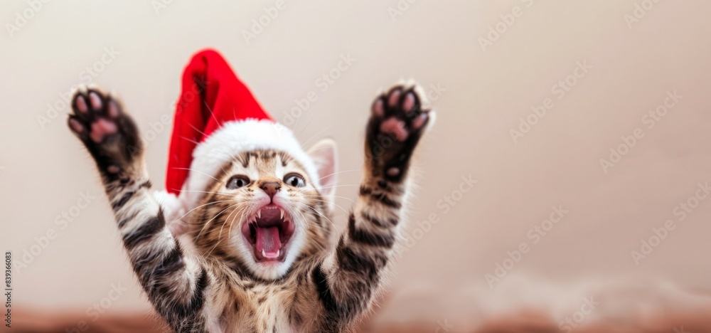 Obraz premium funny kitten in Santa hat playing raising paws making funny face with mouth open on light brown background, with copy space. Holiday sale banner