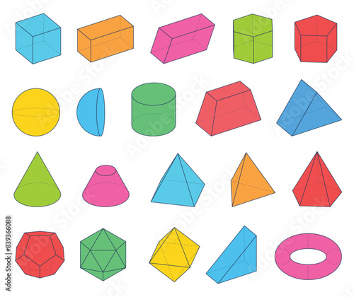 3d geometric three-dimensional shapes. Learning objects of shapes from geometry. School program for children. Vector illustration