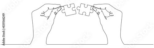Hands hold puzzle piece continuous line drawing. Teamwork concept. Vector illustration isolated on white.	
