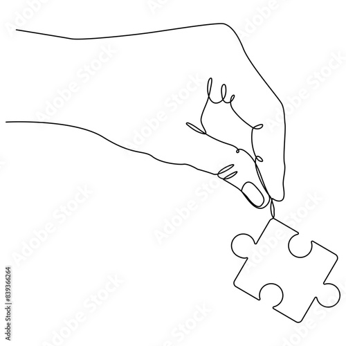 Hand holds puzzle piece continuous line drawing. Teamwork concept. Vector illustration isolated on white.	