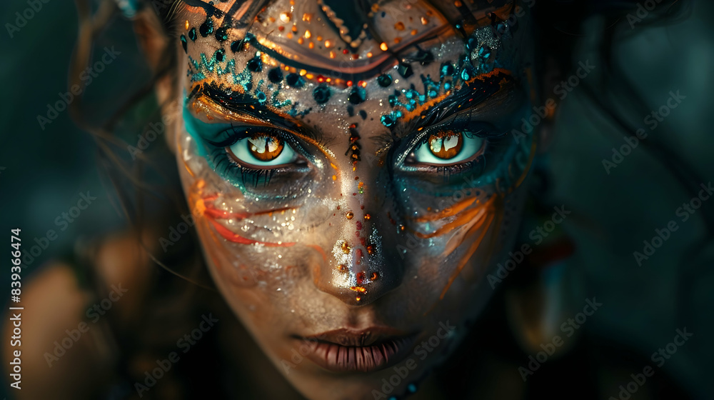 Artistic portrait of a woman with intricate face paint, her eyes intense and captivating, with a dark, moody background that highlights her features Artistic portrait of a woman with intricate face paint, her eyes intense and captivating, with a dark, moody background that highlights her features