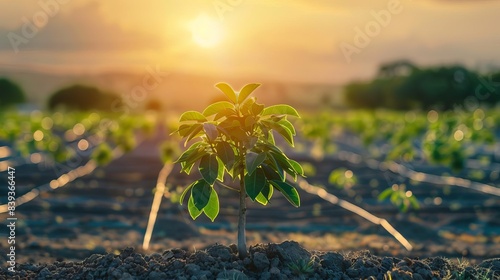 vibrant young tree thriving amidst solar panel field symbolizing renewable energy growth and sustainable zerocarbon future photo