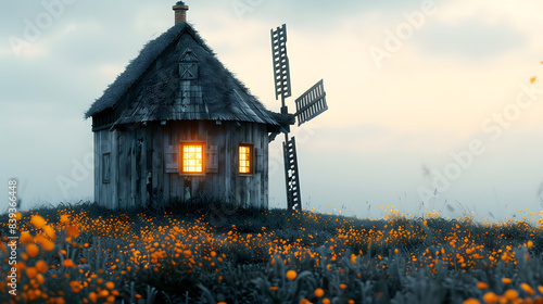 portrait view to back side of old wooden windmill in twilight lights under dark sky isolated on white background, photo, png photo