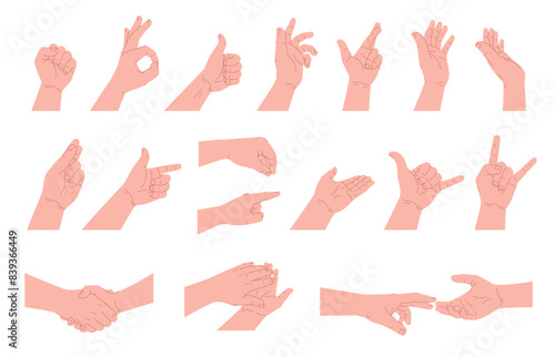Set of human hands with different gestures. Hands in different angles of poses. Vector illustration