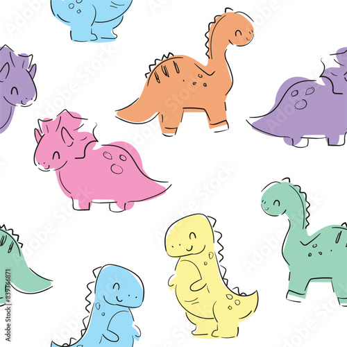 ?ute Dinosaurs background seamless pattern hand drawn summer print for kids fabric Vector Illustration