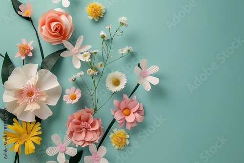 Flowers paper cut design. Beautiful spring paper cut flowers on soft color background. Valentine's Day, Birthday, Happy Woman Day, Mother's Day. Holiday poster and banner with flower papercut