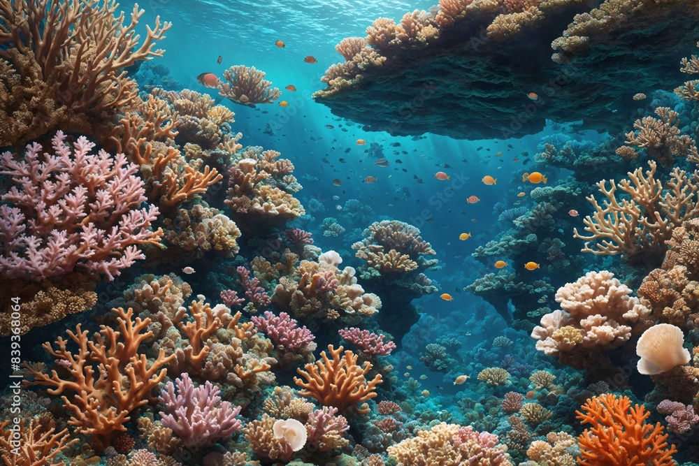 A pattern of intricate seashells and coral reefs, capturing the wonders of the underwater world. A pattern of intricate seashells and coral reefs, capturing the wonders of the underwater world.