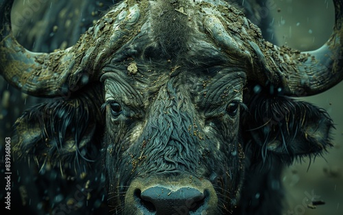 Close-up portrait of a buffalo covered in mud