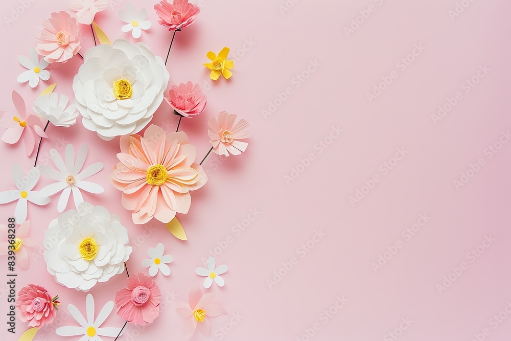 Flowers paper cut design. Beautiful spring paper cut flowers on soft color background. Valentine's Day, Birthday, Happy Woman Day, Mother's Day. Holiday poster and banner with flower papercut Flowers paper cut design. Beautiful spring paper cut flowers on soft color background. Valentine's Day, Birthday, Happy Woman Day, Mother's Day. Holiday poster and banner with flower papercut