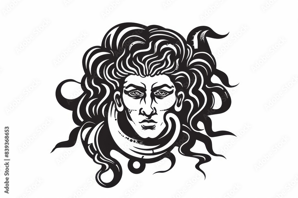Obraz premium Ancient greek Gorgon Medusa, snake hair woman head logo symbol isolated on white background