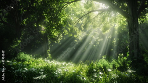Mystical Forest Enchantment  Sunlight filtering through lush green trees in a mystical forest