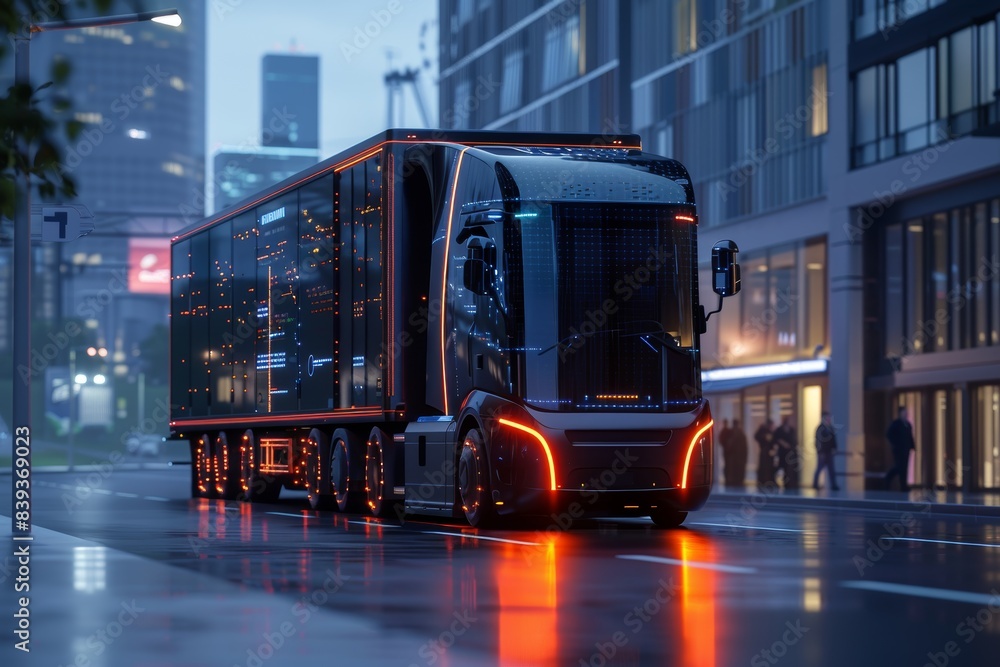Fototapeta premium 3D Visualization of Smart Truck Equipped with IoT Technology for Enhanced Delivery Efficiency and Safety