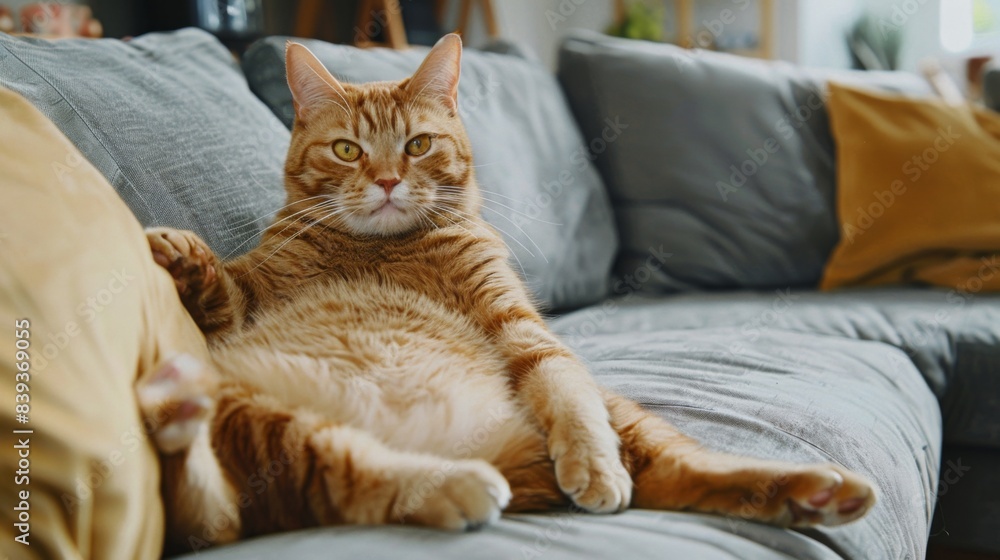 An overweight cat with a big smile, sitting comfortably on a soft cushion in a stylish and modern living room An overweight cat with a big smile, sitting comfortably on a soft cushion in a stylish and modern living room