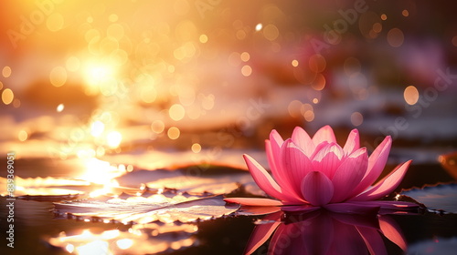 Lotus flower stands tall  its petals aglow with the warm backlight of the setting sun over a serene pond