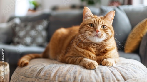 An overweight cat with a big smile, sitting comfortably on a soft cushion in a stylish and modern living room
