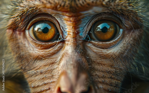 A close-up shot of a monkeys eyes