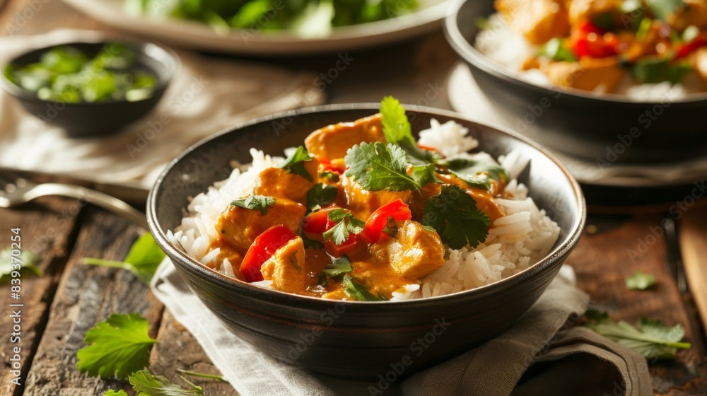 Aromatic bowls of spicy chicken or vegetable curry served with fluffy basmati rice, creating a satisfying and comforting meal Aromatic bowls of spicy chicken or vegetable curry served with fluffy basmati rice, creating a satisfying and comforting meal