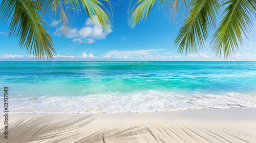serene beach scene with turquoise waters  white sandy shores  and palm trees swaying in the gentle breeze