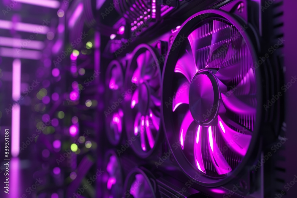 Closeup of graphics card with purple fans in the background, hightech server room background, purple lighting, dark tons