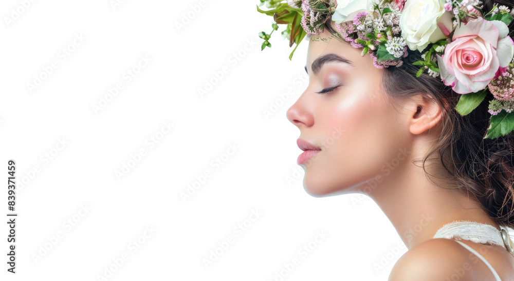 A beautiful woman with flowers in her hair is breathing fresh air, side view, white background, copy space concept for skin care and beauty industry.