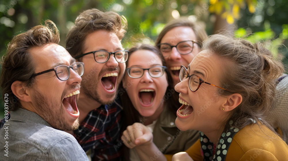 Foto de Team of coworkers laughing hysterically as they try out bizarre ...