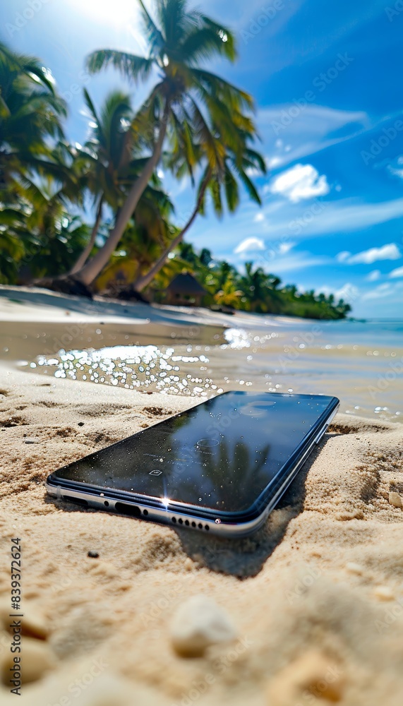 High-Resolution Smartphone Display on Tropical Beach with Palm Trees and Clear Blue Skies High-Resolution Smartphone Display on Tropical Beach with Palm Trees and Clear Blue Skies