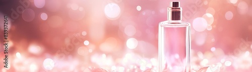Perfume bottle on a pink and white bokeh background.