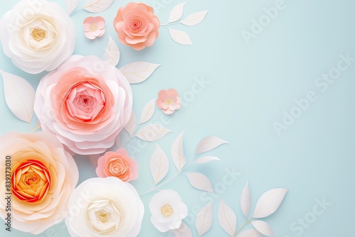 Flowers paper cut design. Beautiful spring paper cut flowers on soft color background. Valentine's Day, Birthday, Happy Woman Day, Mother's Day. Holiday poster and banner with flower papercut © megavectors