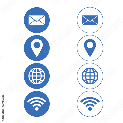 Iconos en color azul de correo electrónico, internet, mapa y geolocalización sobre un fondo blanco aislado. Vista de frente y de cerca
 photo