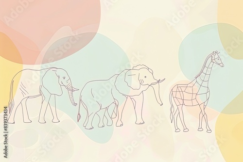 Minimalist line drawings of friendly animals like elephants, giraffes, and lions, on a soft pastel background photo