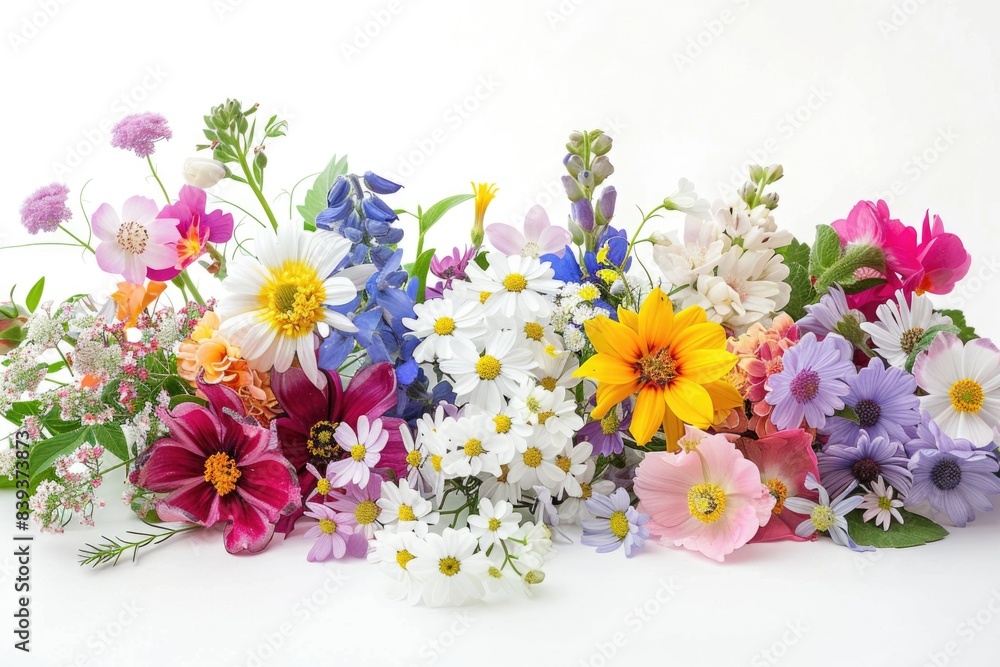 Vibrant Spring Blooms: Assorted Flower Bouquet on White Background Vibrant Spring Blooms: Assorted Flower Bouquet on White Background