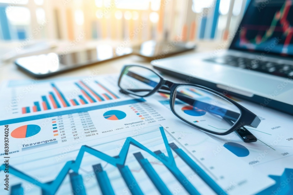 a detailed financial report, showcasing various charts such as bar graphs, line graphs, and pie charts a detailed financial report, showcasing various charts such as bar graphs, line graphs, and pie charts