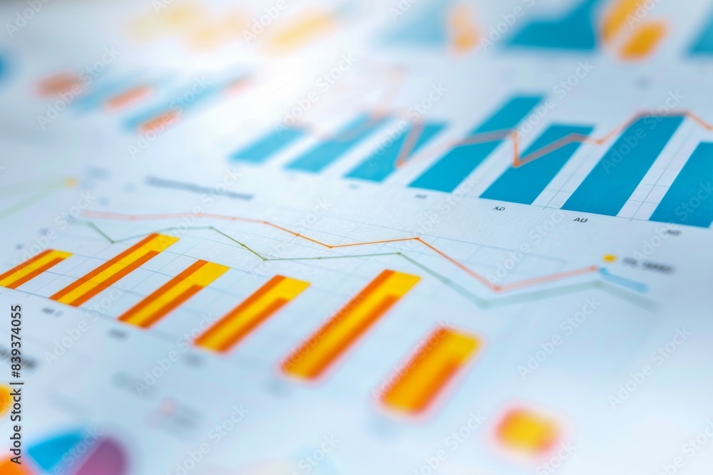 Fototapeta premium a detailed financial report, showcasing various charts such as bar graphs, line graphs, and pie charts