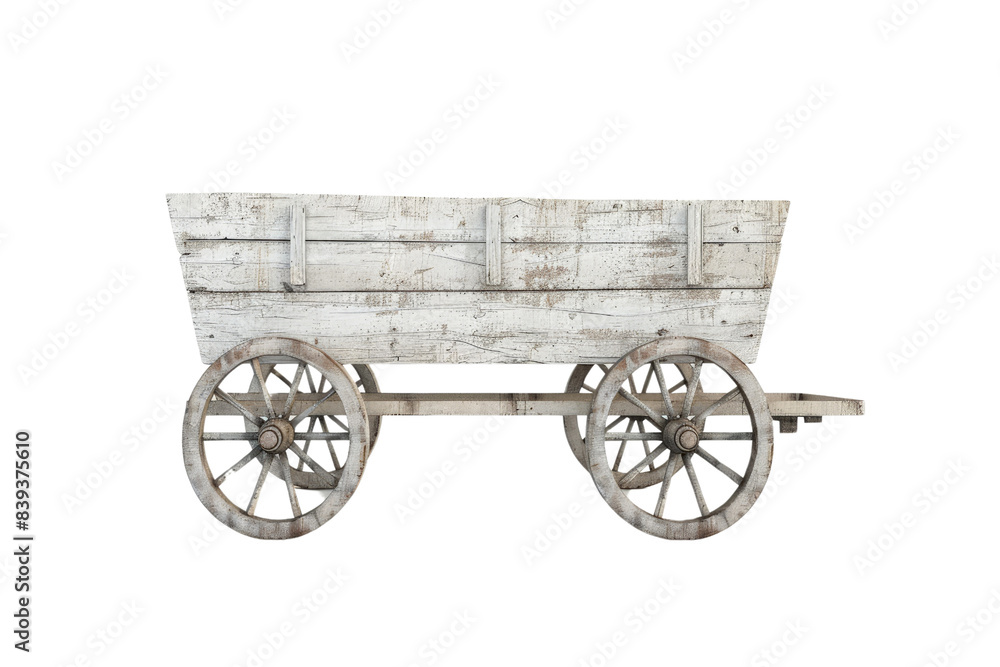 Fototapeta premium A wooden wagon with rusted wheels sits on a white background, 3d render, clipart, isolated on a transparent background.