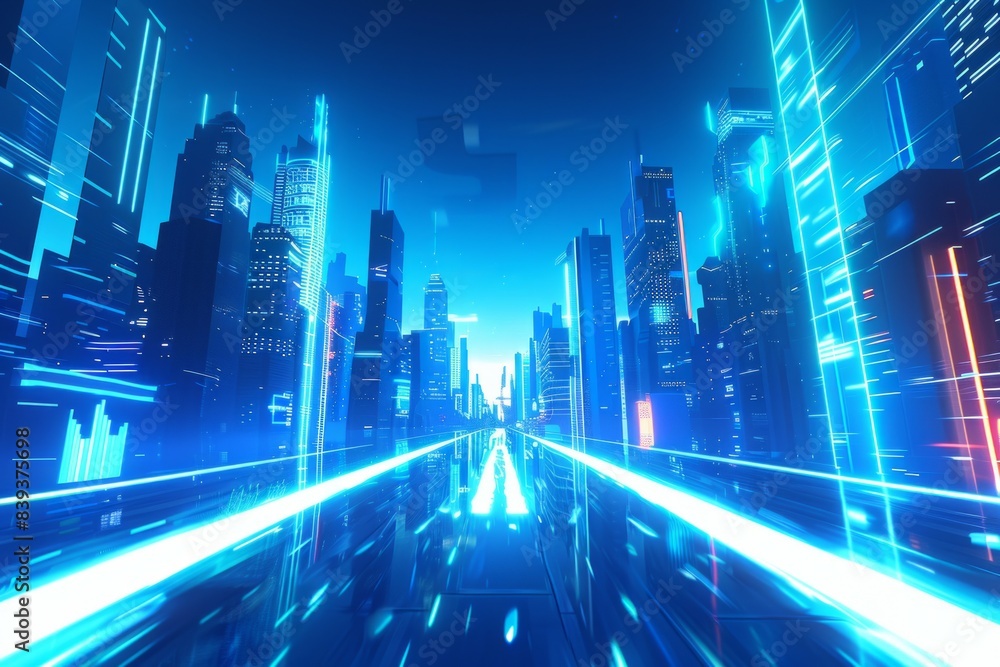 illustration of a futuristic cityscape with a blue sky, buildings and road illustration of a futuristic cityscape with a blue sky, buildings and road