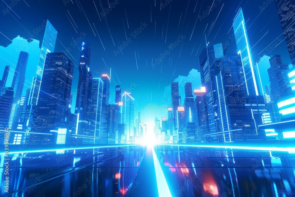 illustration of a futuristic cityscape with a blue sky, buildings and road illustration of a futuristic cityscape with a blue sky, buildings and road