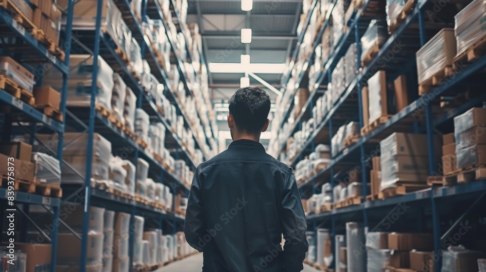 A man is walking through a warehouse filled with boxes A man is walking through a warehouse filled with boxes